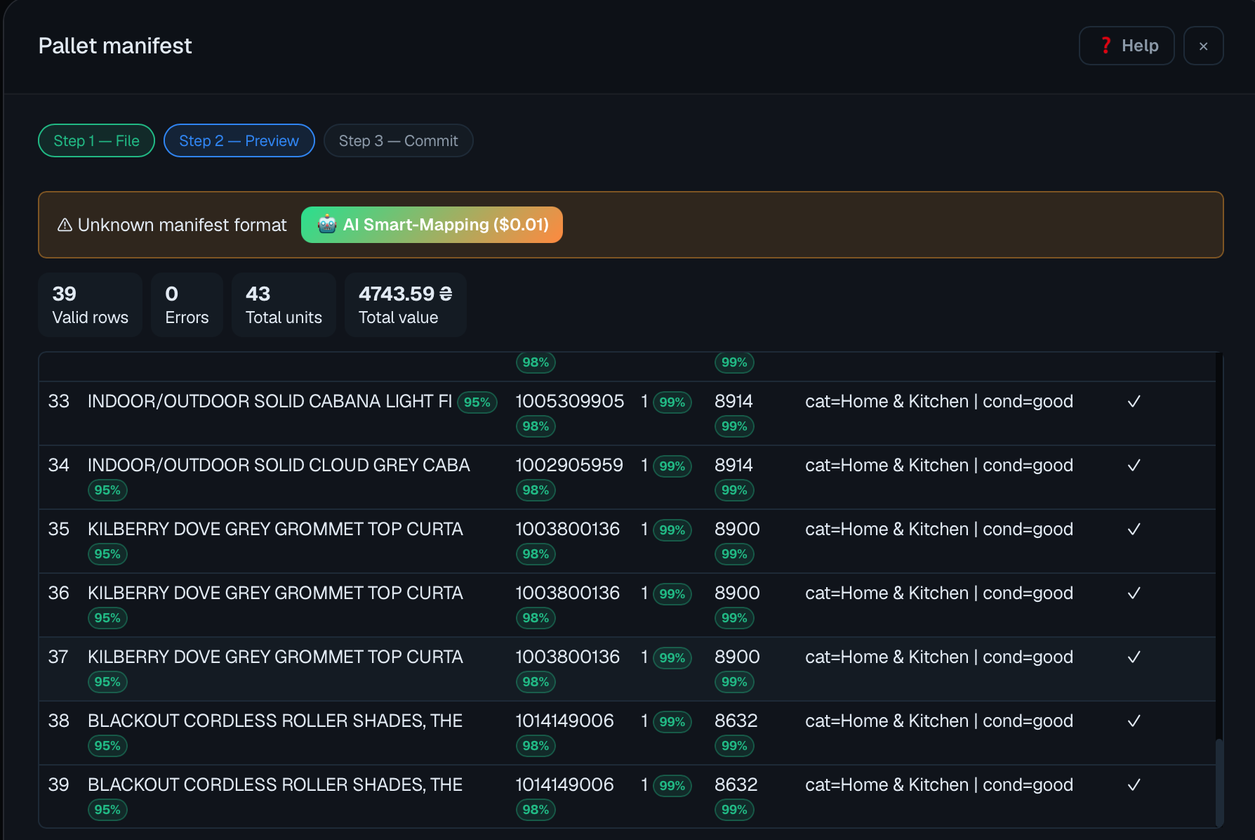 AI Smart-Mapping preview — confidence percentages per column, validated rows