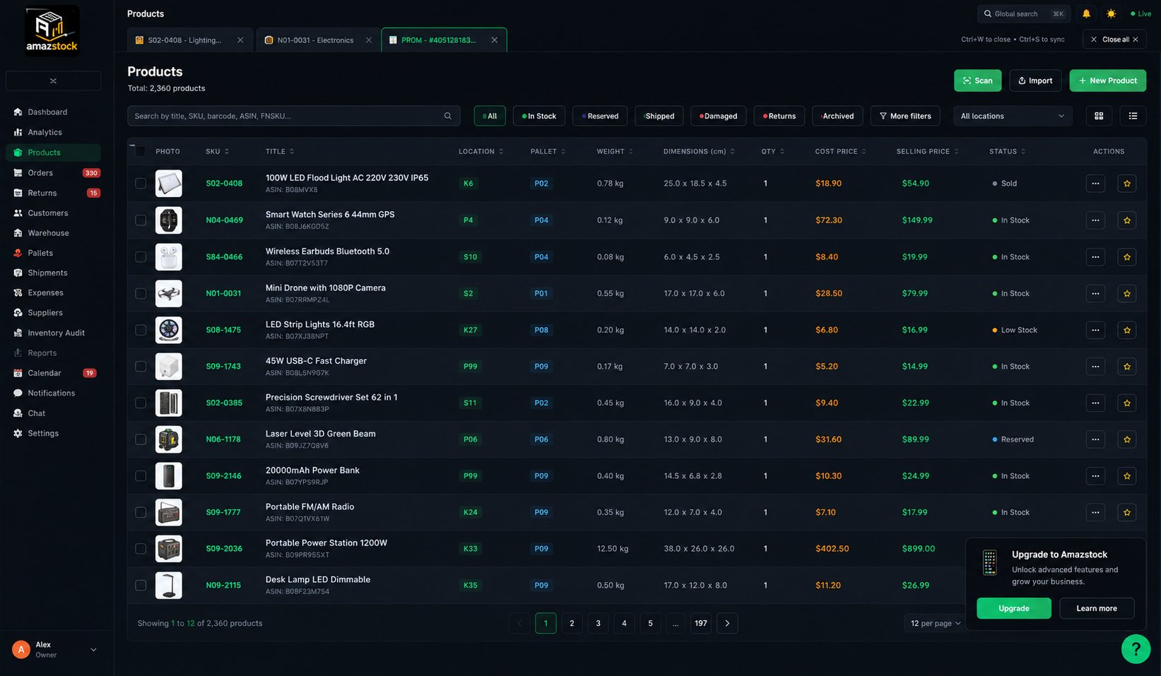 Amazstock products dashboard — 59 new SKUs imported with auto-generated SKU codes, prices in USD and stock status pills
