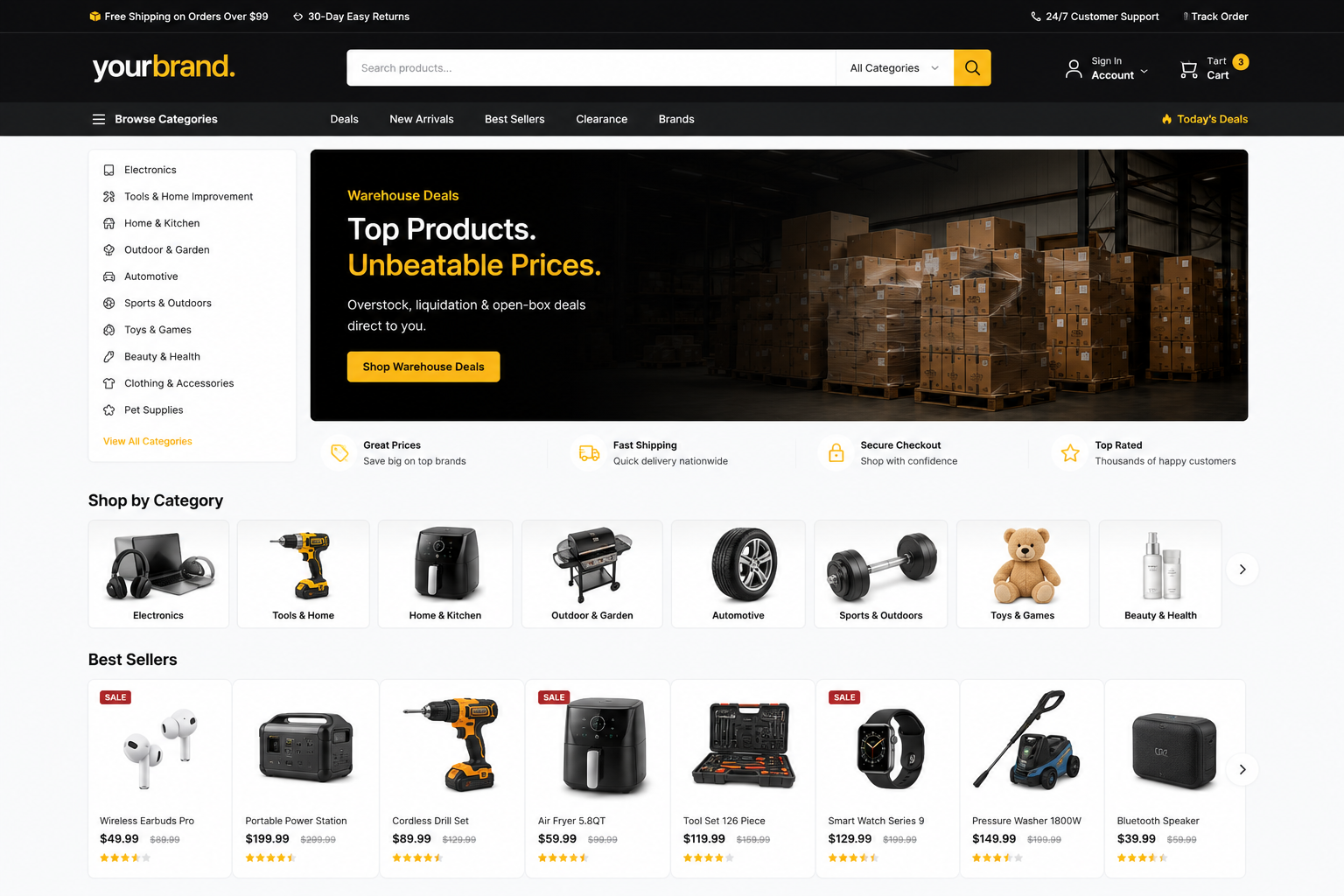Live storefront under yourbrand.com — hero deal, eight category tiles and best-seller product grid, all sourced from the warehouse catalogue