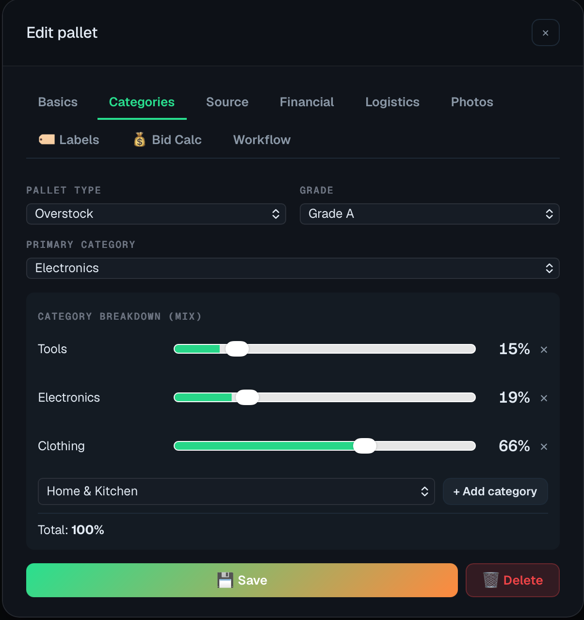 Edit pallet — categories, grade and category mix in the Amazstock UI