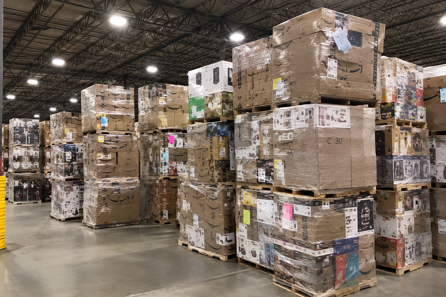 Liquidation warehouse stacked with Amazon return pallets